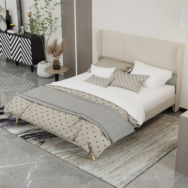 Flieks Polsterbett 160x200cm, Doppelbett mit weicher Kopfteil, Bettbeine aus Holz, Samt, Beige