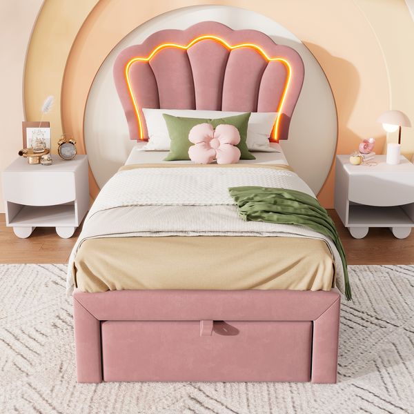 Polsterbett 90×200 cm mit LED und Schublade, verstellbares Kopfteil, Rosa, ohne Matratze