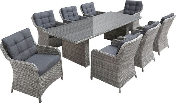 KONIFERA Garten-Essgruppe »Menorca«, (Set, 25-tlg, 8x Sessel, 1x Tisch 230,8x100x75 cm, inkl. Auflagen, Alu, Polyrattan), Polyrattan, Aluminium, Tischplatte aus 5mm starkem Sicherheitsglas