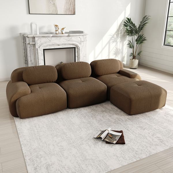 Modulares Ecksofa aus Cordstoff, rahmenlos & montagefrei, H 75 x T 298 x B 178 cm, Braun