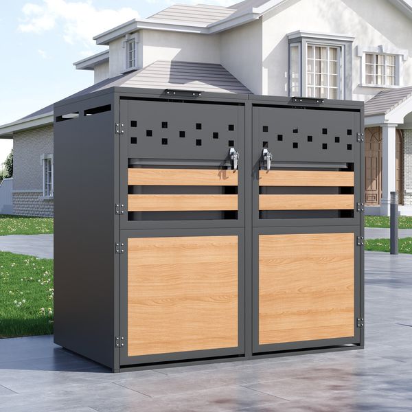 Mülltonnenbox, mit Klappdeckel,trash storage compartments,Abschließbar, Zwei Türen,Rautenförmige Ausschnitte, horizontale Holzmaserungspaneele