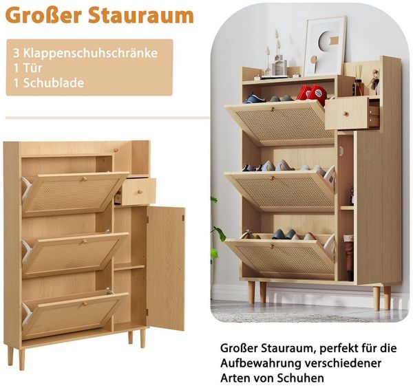 Yorbay Schuhschrank mit 3 Klappen, 1 Schublade, 1 Tür, mit Rattan-Design, 90x17x125cm Schuhregal, Schuhkipper für Flure, Schlafzimmer, kleine Wohnung