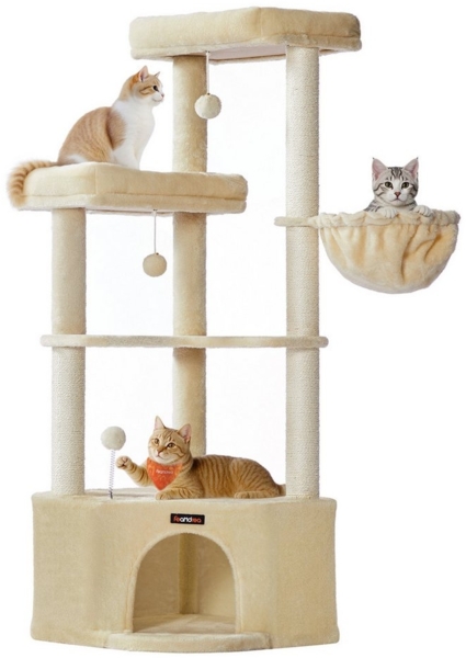 Feandrea Kratzbaum, Katzenbaum, 48,5 x 48,5 x 140,7 cm, Katzenkratzbaum mit großer Kuschelhöhle, großen Plattformen, Plüschbällen, Liegemulde, sandbeige