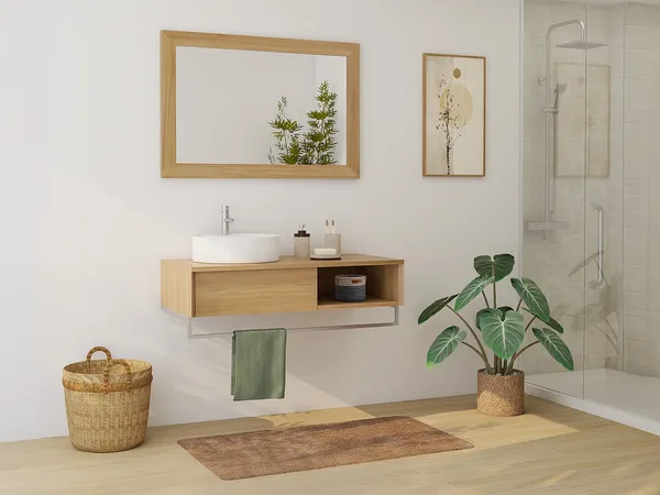 Vente-unique - KUPANG Waschbeckenmöbel Holz, Platte Beige - B 50 cm x H 32 cm x L 105 cm