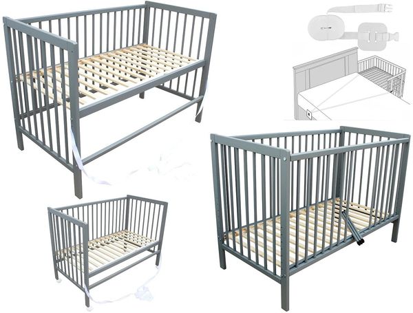 Micoland Kinderbett - Beistellbett - Babybett 120x60 cm umbaubares Bett mit Gurt und Rädern (Grau)