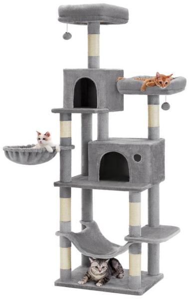 Feandrea Kratzbaum, hoher Katzenbaum mit abnehmbaren Sitzstangenabdeckungen, 199 cm mehrstöckige Katzenkratzbaum mit Kratzsäulen, großer Höhle, Hängematte, für Wohnungskatzen, hellgrau von Songmics PCT196W01