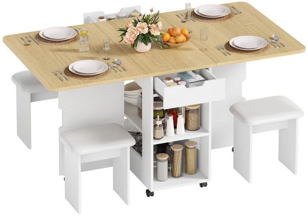 Mondeer Essgruppe Esstisch mit 4 Polsterhocker, Platzsparender Drop-Leaf-Tisch mit 2 Schubladen & Rollen