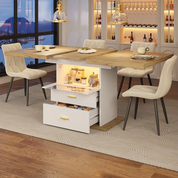 OKWISH Esstisch Ausziehbarer Küchentisch (mit LED-Beleuchtung Holzoptik, 1-St, 110-140×80 cm)