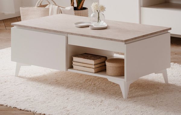 Furn. Design Couchtisch Visby (in weiß mit Sandstein Dekor, 100 x 55 cm), mit Stauraum und Schublade