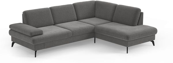 Cavadore Eckcouch Moritz / Ecksofa im trendigen Design mit Sitztiefenverstellung und mattschwarzen Metallfüßen / 262 x 82 x 212 / Flachgewebe, Grau