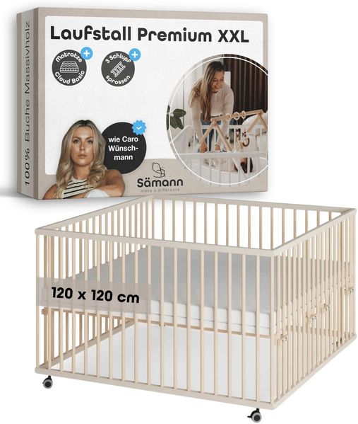Sämann Laufstall Baby XXL 120x120 cm mit Matratze und Schlupfsprossen | TÜV geprüft | stufenlos höhenverstellbar | Laufgitter Premium | Babybett aus Holz | Krabbelgitter sahara dust/natur