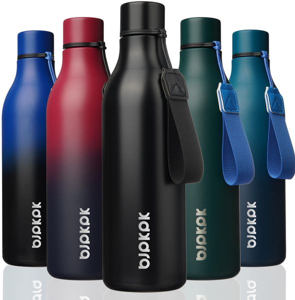 BJPKPK Isolierte Wasserflaschen, 750 ml Edelstahl Metall Trinkflasche Mit Trageriemen, BPA Frei Wasserdicht Thermos, Flaschen, Wiederverwendbare Thermosflasche Für Sport & Reisen, Schwarz