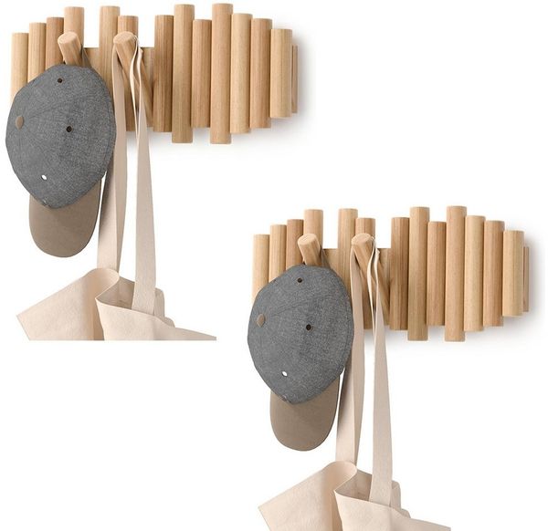 BlingBin Garderobenleiste 5 Haken Garderobenständer aus Holz, faltbarer Wandgarderobenständer (2er Set, 2 St, 38*17cm), Versenkbaren Haken Modernes Design und Wandmontage
