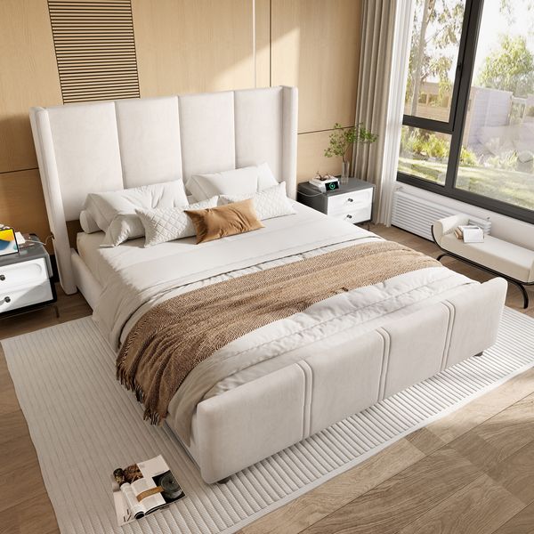 Flieks Doppelbett 140x200, Polsterbett mit hohem Kopf- & Fußteil, USB & USB-C, Beige
