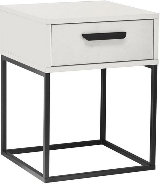 SUNA Nachttisch in Weiß - Moderner Nachtschrank mit Schublade und schwarzem Metallgestell - 40 x 52 x 38,5 cm (B/H/T)