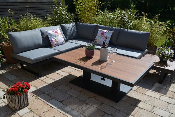HPL grau Gartenecklounge Beltona + 150x90 cm Lift Tisch höhenverstellbar