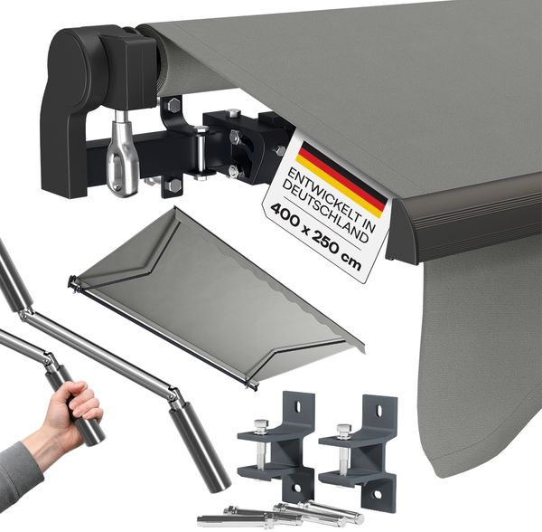 STEELSØN 'Kestria' Gelenkarmmarkise 400x250 cm, grau, wetterfest und blickdicht, Markise mit Aluminium-Kassette und Wandhalterung, Balkonmarkise mit Handkurbel