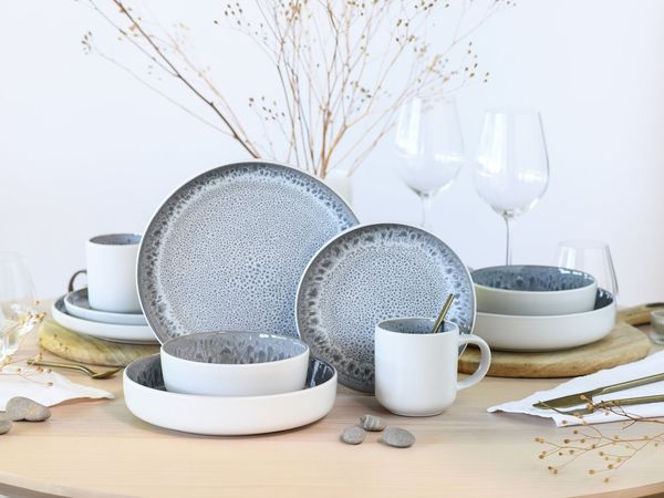 OTTO home Kombiservice modernes Geschirr-Set, Service Lykk (10-tlg), 2 Personen, Steinzeug, hohe Haltbarkeit, spülmaschinen- & mikrowellengeeignet, Reaktivglasur