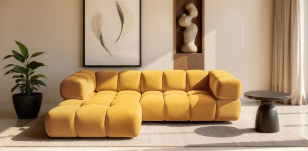 Ecksofa Designersofa BLANCHE in Stoff Bluvel Goldgelb Ottomane Links