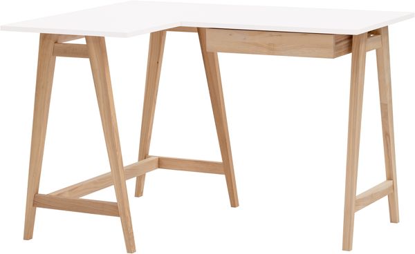 Ragaba Eckschreibtisch mit Schublade und Fußstütze, MDF & Massives Eschenholz, 115x85 cm, Weiß, Links