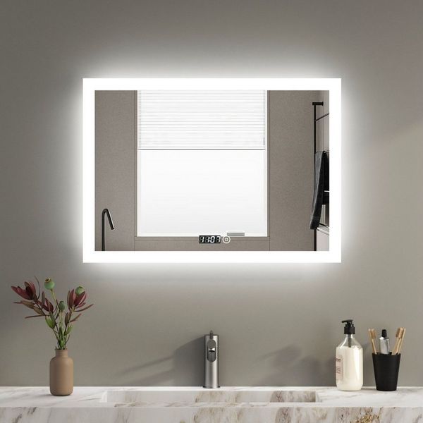 WDWRITTI Wandspiegel LED Badspiegel 80x60 Uhr Touch 3Lichtfarben Dimmbar Speicherfunktion (Wandspiegel mit Beleuchtung, 3000K/4000K/6500K), Energiesparende, IP44