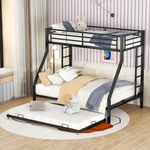 Etagenbett mit 2 Schlafgelegenheiten, Ausziehbett, Leiter und Rausfallschutz, 90x200cm/140x200cm, Kinderbett, Metallbett