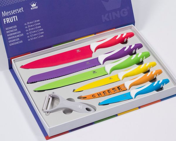 KING Messer-Set FRUTI (Set, 6-tlg, arbenfroher Farbmix, mit Käsemesser), inklusive Schäler und mit speziellem Käsemesser
