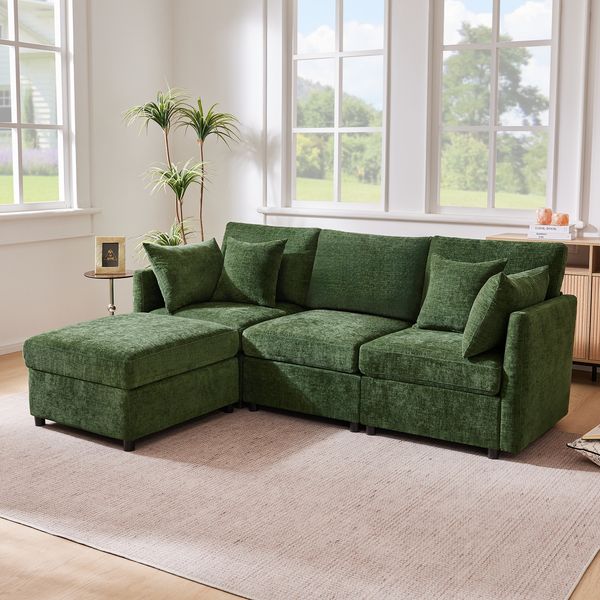 Merax L‑förmiges Ecksofa, umwandelbar zum 3‑Sitzer, modular aufgebaut, mit beweglichem Hocker und 4 Chenille‑Kissen, Grün