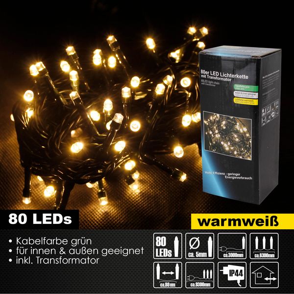 80er LED Lichterkette für Außen Innen Deko IP44 Weihnachtslichterkette warmweiß