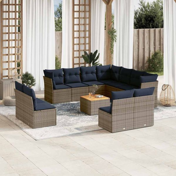 vidaXL 12-tlg. Garten-Sofagarnitur mit Kissen Grau Poly Rattan 3256040