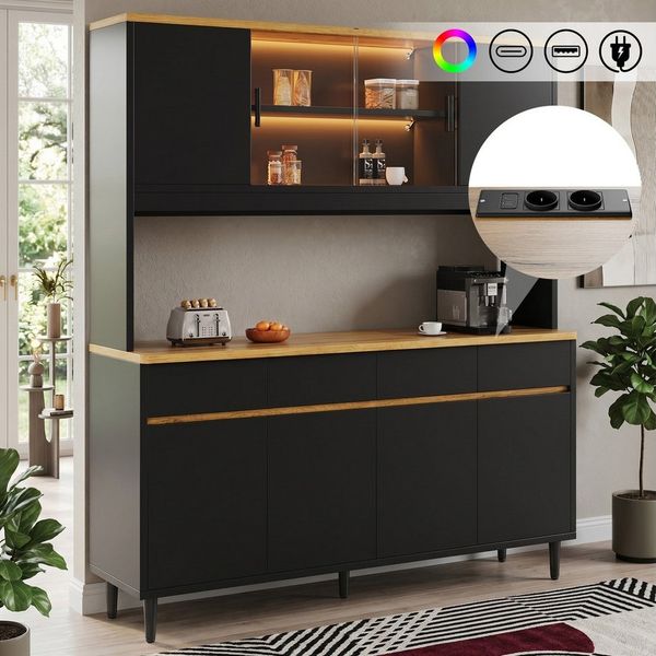 Flieks Küchenbuffet mit Arbeitsplatte in Holzoptik Eichefarbe, Steckdosen, LED-Beleuchtung (B160/T40/H185 cm, 1-St, Mehrzweckschrank mit USB-C- und USB-A-Anschlüssen) Hochschrank Küchenschrank mit Glas-Schiebetür, verstellbarer Ablagen
