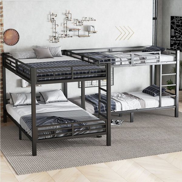 Flieks Etagenbett, Eisenbett Kinderbett 90x200cm*2+140x200cm*2 mit Dreistufiger Leiter