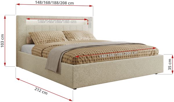 Polsterbett GOLD 5 CLASSIC 140 x 200 cm mit LED-Beleuchtung & Bettkasten, Doppelbett inkl. Lattenrost, Metall-Lift-System & Stauraum, Foam Matratze - Creme Struktur - MIRO LUX Bild 4