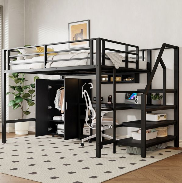 Bett 140x200 cm Hochbett mit Kleiderschrank und integriertem Schreibtisch – platzsparende Stauraumlösung in Schwarz