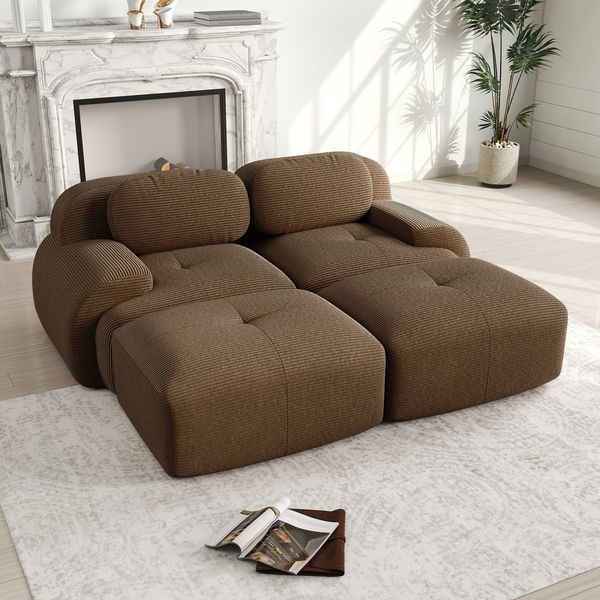 Ecksofa modular mit variabler Sitzfläche, Cordstoff (Braun), 32D hochelastische Polsterung, montagefrei,208*178*75 cm