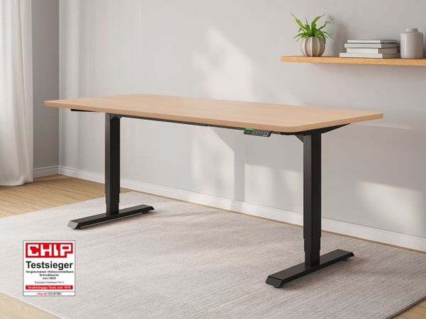 Ergotopia Desktopia Pro X I Elektrisch höhenverstellbarer Schreibtisch I 180x80 cm | Buche Dekor rund I Gestell Schwarz I Inkl. Ziele- und