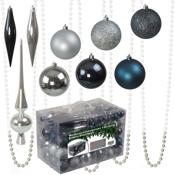 Julido 130 Weihnachtskugeln Christbaumkugeln Christbaumschmuck Silber/Stahlblau