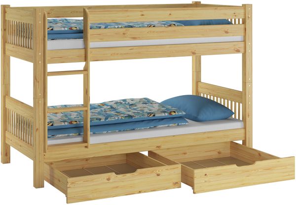 Kinderstockbett aus Massivholz mit wählbarem Zubehör, Liegefläche 90x200 V-60.12-09Ni70Rollrost. Matratzen und Doppelbettkasten inkl.