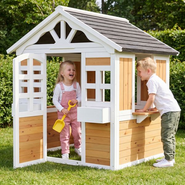 Merax Garten Kinderspielhaus, Spielhaus Kinder Outdoor, Baumhaus Kinder Outdoor,Kinder-Holzhaus mit Türen und Fenstern, Massivholz-Kinderspielhaus für Außen, wetterfestes Außen-Spielhaus, 113 x 100 x 132 cm