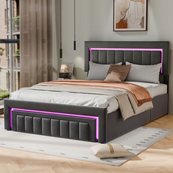 Polsterbett aus Velours mit LED, hydraulischem Stauraum & Schublade, ohne Matratze, 140x190 cm, Anthrazit/Grau
