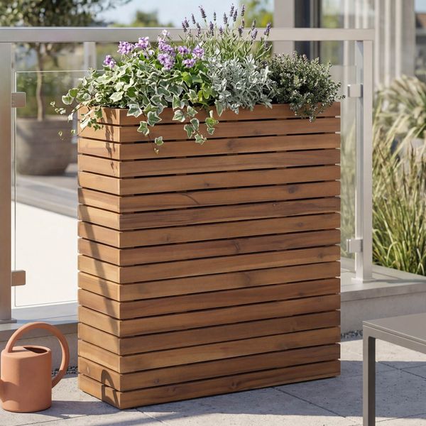 Pflanzkasten HWC-L21, Hochbeet Pflanzkübel Blumentopf, eckig 77x63x23cm Outdoor Akazie Holz FSC®-zertifiziert ~ hellbraun