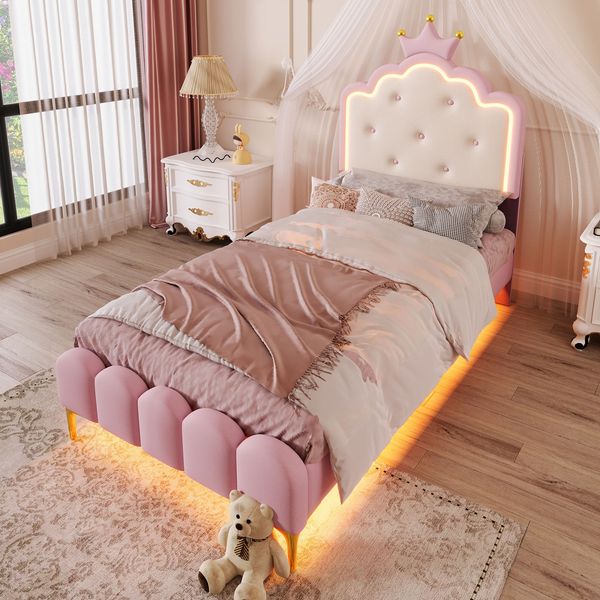 Prinzessinnenbett Kinderbett 90x200 rosa mit LED-Ambientebeleuchtung Metallfüße Kunstleder Polsterbett