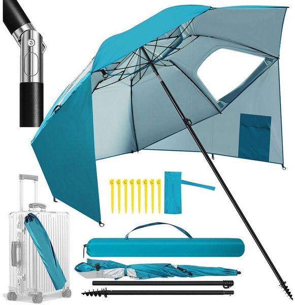 Clanmacy Sonnenschirm Strandschirm 210 cm UV50+ neigbar mit Spiral-Erdspieß, Himmelblau, LxB: 210x230 cm, Stabiler knickbar/für Garten, Balkon, Terasse/Sonnenschutz UV50+