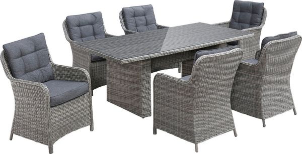 KONIFERA Garten-Essgruppe »Menorca«, (Set, 19-tlg, 6x Sessel, 1x Tisch 200x100x75 cm, inkl. Auflagen, Alu, Polyrattan), Polyrattan, Aluminium, Tischplatte aus 5mm starkem Sicherheitsglas