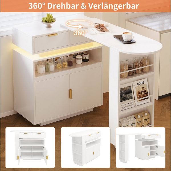 i@home Bartisch ausziehbare Kücheninsel(115-183 × 40 × 99.5 cm), Mit Stauraum, LED‑Beleuchtung, 360° Drehfunktion, weiß/schwarz