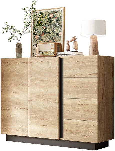Kommode Sideboard mit 4 Schubladen und 2 Türen, griffloses Push-to-Open-Design, Schwarz + Natur, B120 x H90.5 x T35.5 cm