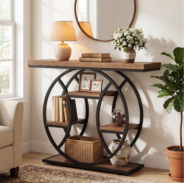 Tribesigns Konsolentisch 4-stufiger Flurtisch mit rundem Metallrahmen, industrie-Sofatisch (105 x 35 x 85 cm), mit Ablageflächen, schmaler Holztisch für Eingangsbereich & Wohnzimmer