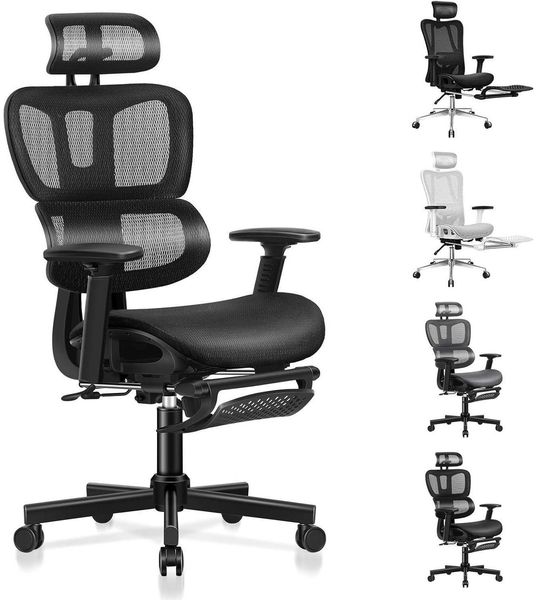 Alfordson Ergonomischer Bürostuhl mit 3D-Armlehne und Fußstütze, Schwarz