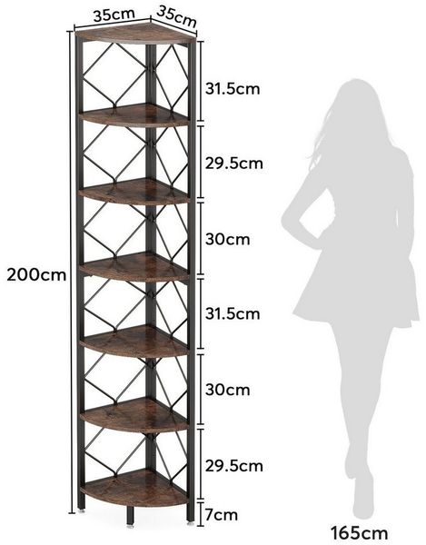 Celya Eckregal 7-Ebenen Eckregal, 200cm extra hohes Eck-Bücherregal