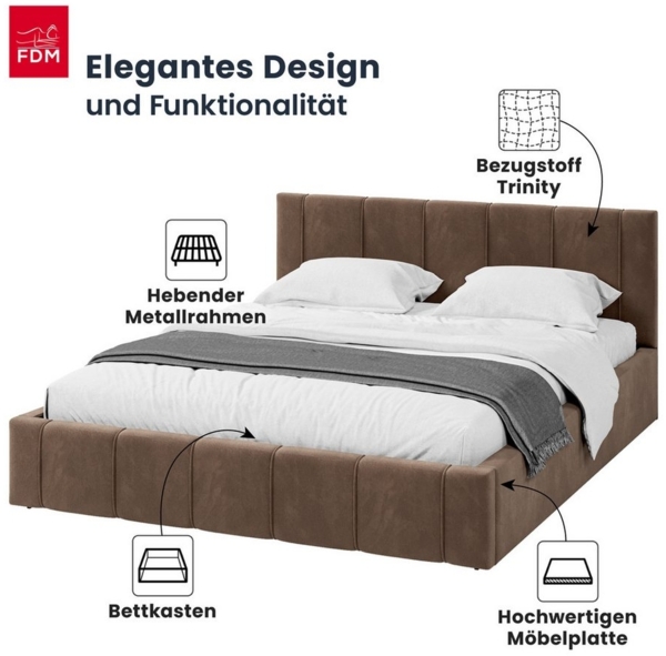 FDM Polsterbett FLORIDA Bettgestell 90x200, 120x200, 140x200, 160x200, 180x200cm (Polsterbett modern mit Bettkasten MADE IN EU - mit hochwertigem Velours Bezug, verfügbar 90x200 120x200 140x200 160x200 180x200cm, Bettrahmen, Bett, mit großen gepolstert... Bild 2